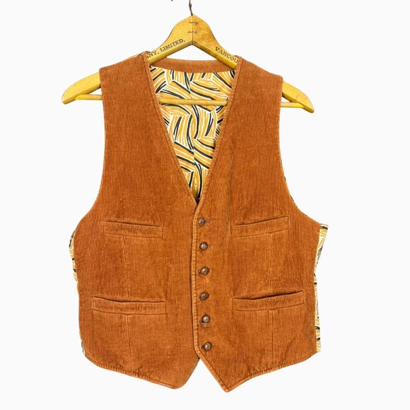 Vintage 70s Corduroy Vest Rust Brown Waistcoat Retro Geometric Print Lining Boho - Picture 1 of 8